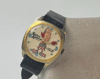Vintage 1970s Spiro Agnew Cartoon Watch | Political Satire, Swiss Made