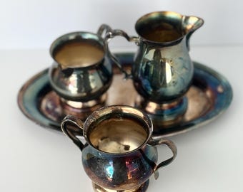 Vintage International Silverplate Creamer Sugar Pitcher Tray Set | Ornate Scroll Handles Footed Tea Service