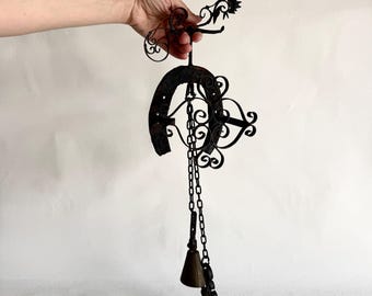 Vintage Wrought Iron Horseshoe Bell | Hanging Lucky Bell with Chains Scrollwork | Rustic Blacksmith Garden Wall Decor
