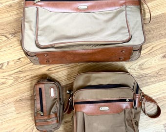 Vintage Samsonite Luggage Set | Beige Canvas Brown Leather Trim Travel Bags