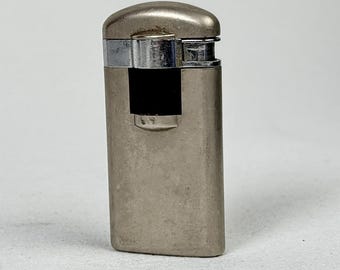 Vintage 1970s Slim Flip Top Butane Lighter | Silver Chrome Metal | Black Fuel Window | Mid Century Pocket Lighter | Japanese Made Style