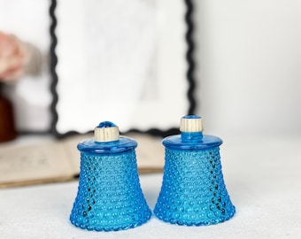 Vintage Blue Hobnail Glass Votive Holders | Pair 1960s-1970s Cobalt Bubble Candle Cups