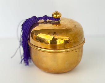 Vintage Brass Kumkum Bharani: Traditional Indian Sindoor Box with Purple Tassel