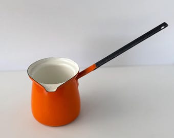 Vintage Orange Enamel Turkish Coffee Pot Cezve | Made in Poland Long Handle Pot | Mid Century Kitchenware
