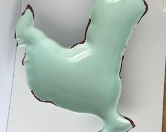 Vintage Celadon Green Rooster Chicken Dish Tray | Rustic Ceramic Serving Platter | Farmhouse Kitchen Decor