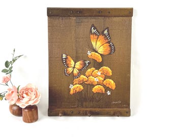 Hand-Painted Butterfly Flower Wooden Rack | 5 Hooks Mid-Century Folk Art