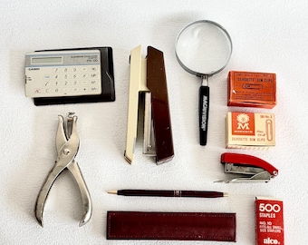 Vintage 1980s Office Desk Supplies Lot | Casio Calculator Boston Stapler Magnifier Pen | Retro Office Decor Bundle