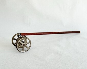 Vintage Rolling Bell Toy | Metal Wheel Jingle Bell Push Toy | 1940s 1950s Wooden Lawn Mower Toy | Retro Children's Toy