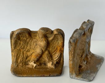 Vintage Cast Metal Eagle Bookends | Pair of Golden Bronze Eagle Book Ends | Rustic Patriotic Library Decor