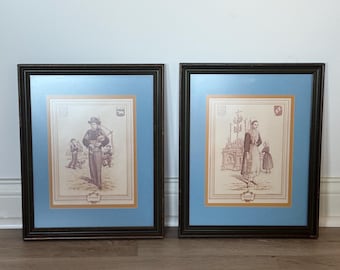 Vintage 1970s Quimper & Plougastel-Daoulas Breton Couple Prints, Framed French Brittany Folk Costume Art Pair
