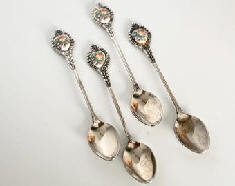 Vintage 4 Piece Demi Spoon Set | Harvest Floral Enamel Medallion Silverplate Demitasse Spoons | Original Boxes