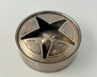 Vintage Metal Star Cutout Lidded Box | Round Silver Tone Trinket Cigarette Tobacco Box | Rustic Western Decor