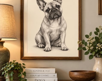 May include: A framed black and white charcoal-style drawing of a French Bulldog sitting upright. The dog is depicted with detailed shading, pointed ears, and a focused expression. The artwork is presented in a simple dark wood frame.