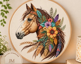 花柄の馬の手刺繍パターン、ワイルドホースフープアート、馬と花の刺繍デザイン、印刷可能なPDF、即時ダウンロード