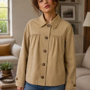 Caban en coton pour femme, veste utilitaire beige, col Claudine, fermeture boutonnée, vêtement d'extérieur décontracté printemps-automne, cadeau pour elle