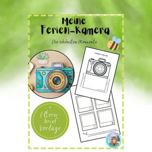 Puede incluir: Un conjunto de actividades imprimibles titulado Meine Ferien-Kamera que incluye una ilustración de una cámara de color verde azulado con motivos florales, una plantilla de cámara en blanco y negro, cuatro marcos de fotos vacíos, una abeja y una etiqueta verde.