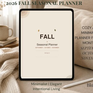 Puede incluir: Una tableta digital que muestra un planificador estacional de otoño 2026 con fondo beige. La pantalla presenta el texto FALL, Seasonal Planner, September, October, November y una línea belongs to. Dos pequeños iconos de hojas están sobre la palabra FALL.