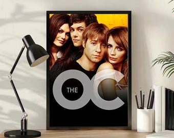 May include: A rectangular framed poster featuring a promotional image of the television show The O.C. The artwork displays four individuals against a bright yellow background, with the large grey text THE O.C. overlaid across the lower portion.