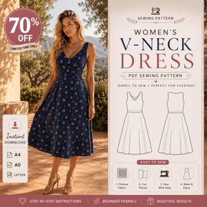 Schnittmuster für ein Leinenkleid mit V-Ausschnitt für Damen (PDF) | Sommerliches Midikleid | A4, A0, US Letter | XS-3XL | Nähanleitung für Anfänger