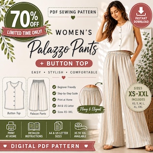 May include: A digital PDF sewing pattern for a button-front sleeveless top and wide-leg palazzo pants. The pattern includes sizes XS to XXL, with instructions for printing at home on A4 or US Letter paper. The design features a striped fabric.
