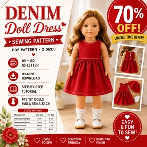 Op de afbeelding: Een naaipatroon voor een poppenjurk van denim met een rode mouwloze jurk op een pop, met tekst waaronder DENIM Doll Dress, PDF PATTERN, 2 SIZES, FITS 18" DOLLS en een maattabel met afmetingen in cm voor twee verschillende maten.