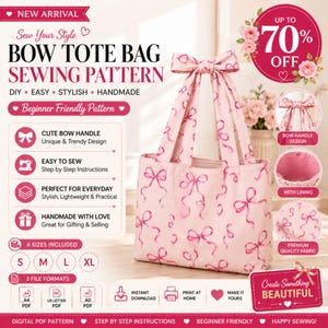 Può includere: Una borsa tote rosa chiaro con un motivo ripetuto di fiocchi rosa scuro e un grande fiocco sul manico. L'immagine include testo per un cartamodello, elencando caratteristiche come adatto ai principianti, facile da cucire e quattro taglie S, M, L, XL.