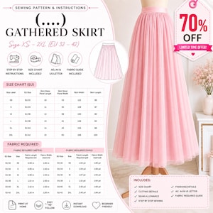 May include: A sewing pattern for a gathered skirt in sizes XS to 2XL, featuring a pink tulle skirt illustration, a detailed EU size chart, fabric requirements in meters and yards, and icons for step-by-step instructions and print-at-home files.