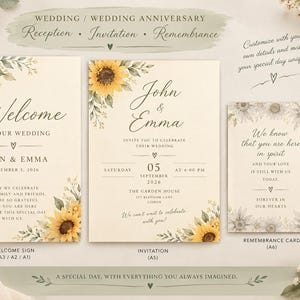 Pode incluir: Um conjunto de modelos de papelaria de casamento com ilustrações em aguarela de girassóis e folhagem verde num fundo creme. O conjunto inclui um sinal de boas-vindas, um convite e um cartão de lembrança com tipografia elegante.