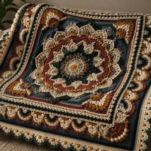 May include: A square crochet blanket featuring a central mandala pattern with intricate textures and layers. The design incorporates a color palette of cream, deep blue, rust orange, and mustard yellow, finished with a scalloped edge border.