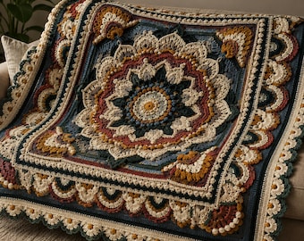 May include: A square crochet blanket featuring a central mandala pattern in shades of cream, mustard yellow, terracotta, and deep blue. The design includes intricate textured stitches, layered floral motifs, and a scalloped border with small bobbles.