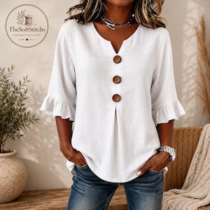 Casual damesblouse van katoen en polyester met 3/4 uitlopende mouwen.