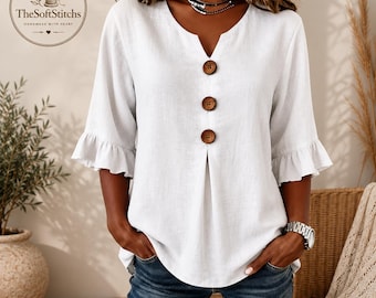 Casual damesblouse van katoen en polyester met 3/4 uitlopende mouwen.