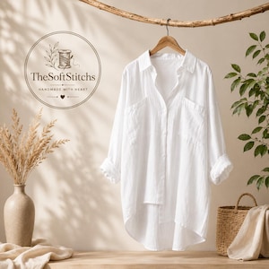 Women's Oversized Linen Blend Shirt, Button Down Tunic, Casual Long Sleeve Blouse