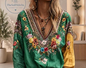 Damen-Top mit Print im Folk-Stil, lässiges Boho-Shirt mit V-Ausschnitt
