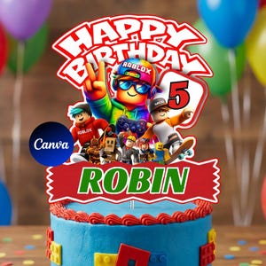 Printable Roblox birthday cake topper, editable Canva template, gamer party decoration, digital download, DIY personalized text, kids party