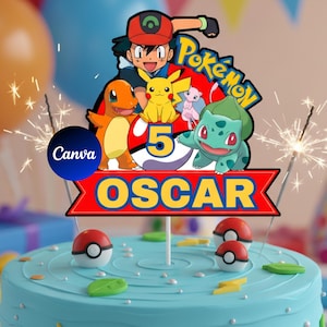 Pokémon tårtdekoration redigerbar, digital fil för direktnedladdning, utskrivbar festdekoration för barns födelsedag, DIY-födelsedagstoppningsmall
