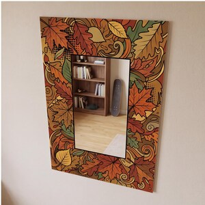 Miroir mural Feuilles d'automne | Impression numérique décorative automnale sur panneau PVC avec miroir argenté en plexiglas