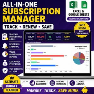 All-in-One Subscription Manager Spreadsheet | Bills, Renewals & Expense Tracker | Excel and Google Sheets