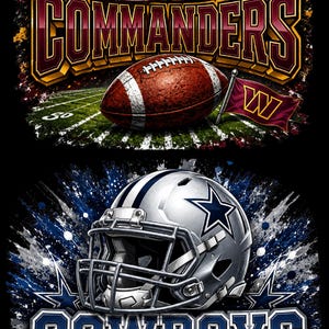 Pode incluir: Um design gráfico com duas cenas de futebol americano. No topo, um capacete dos Commanders, uma bola e uma bandeira. Na parte inferior, um capacete dos Cowboys e uma bola. Ambas as cenas incluem nomes de equipas em negrito e um campo verde.