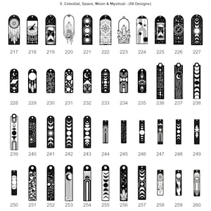 May include: A collection of 44 black rectangular bookmarks featuring white line art designs including celestial, space, moon, and mystical motifs. Each bookmark is numbered from 217 to 260 and includes a small hole at the top for hanging or attaching.