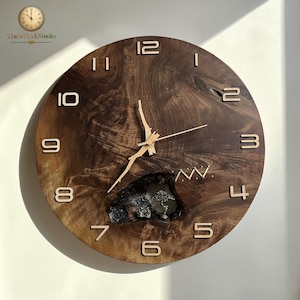 Walnut Wood Wall Clock, Round Wall Clock, Natural Stone Inlay Rustic Decor, Modern Boho, Silent Non Ticking, Housewarming New Home Gift