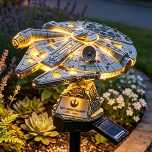 Op de afbeelding: Een tuinlamp op zonne-energie in de vorm van het Millennium Falcon ruimteschip. Het grijze model heeft oplichtende gele binnenverlichting en een rechthoekig metalen plaatje op de voet met de tekst 5TH ANNIVERSARY 1977-2007 en het rebellen-symbool.