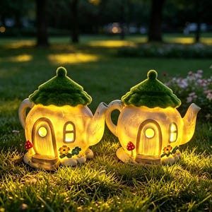 Puede incluir: Dos adornos de jardín iluminados con forma de tetera, con un cuerpo texturizado de color crema, un techo verde brillante similar al musgo, una pequeña puerta arqueada, una ventana y detalles decorativos de flores y setas.