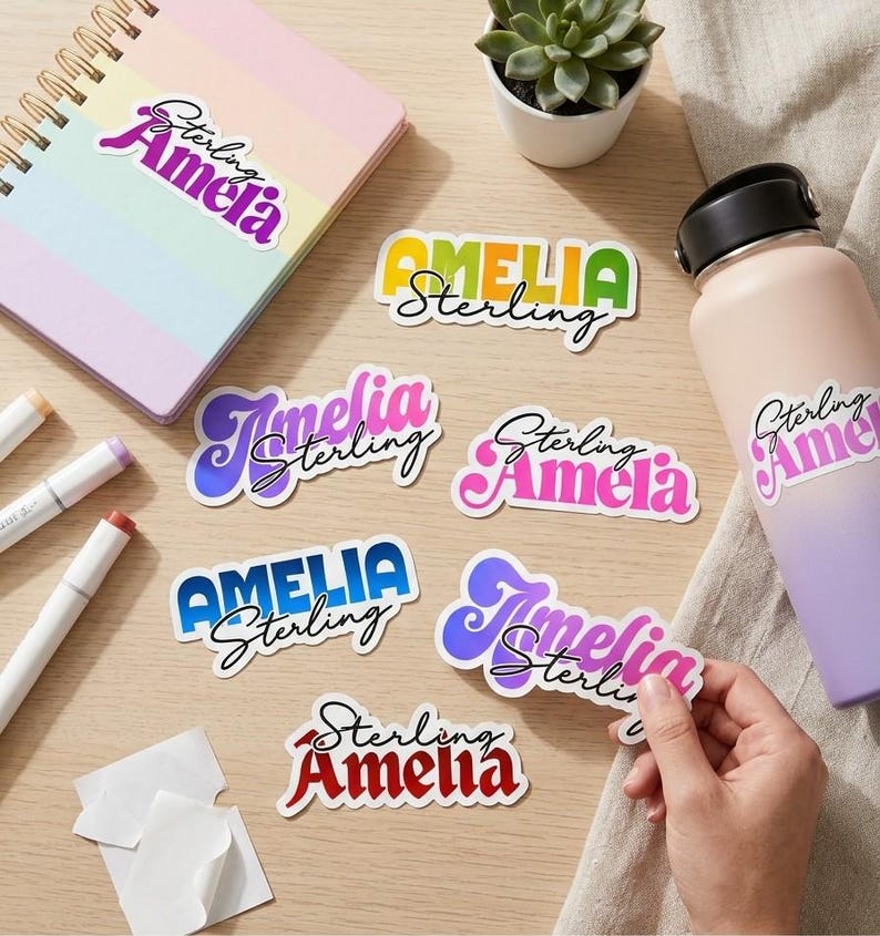 Property Label Sample Editable Name Sticker Template in Canva, Custom Name Tags DIY, Retro ...