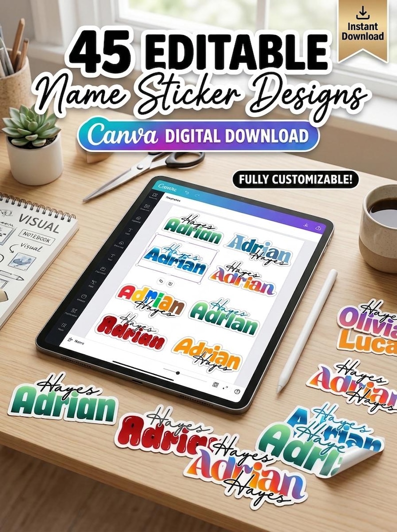 Customised Name Files Editable Name Sticker Template in Canva, Custom Name Tags DIY, Retro ...
