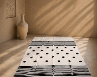 Riwaya: Alfombra marroquí de tejido plano en blanco y negro / Alfombra con lunares y rayas / Manta para sofá estilo boho