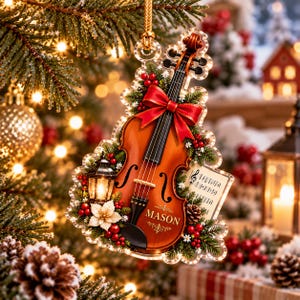 Könnte beinhalten: Ein geigenförmiger Weihnachtsbaumschmuck mit brauner Holzoptik, einer roten Schleife, grünen Tannenzweigen, roten Beeren, einer kleinen Laterne und einem Notenblatt. Der Name MASON ist in Gold auf den Geigenkörper gedruckt.