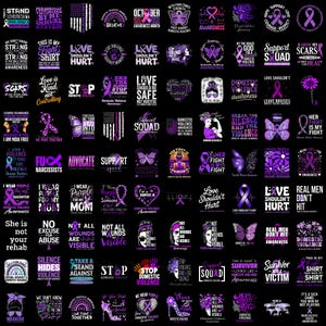 Könnte beinhalten: Eine Sammlung von violetten und weißen Grafikdesigns auf schwarzem Hintergrund, mit Bewusstseinsbändern, Schmetterlingen und Texten zur häuslichen Gewalt und sexuellen Übergriffen, einschließlich Phrasen wie Love Shouldn't Hurt und Survivor.