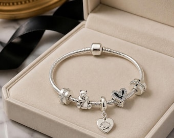 S925, Teddy Bear Heart Charm Bracelet, Romantic, Gift for Pandora bracelets