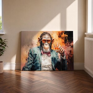 May include: A rectangular canvas print featuring a chimpanzee wearing a teal suit jacket, white dress shirt, pink bowtie, and orange-tinted glasses. The chimpanzee holds a glass of amber liquid against an abstract orange and brown background.